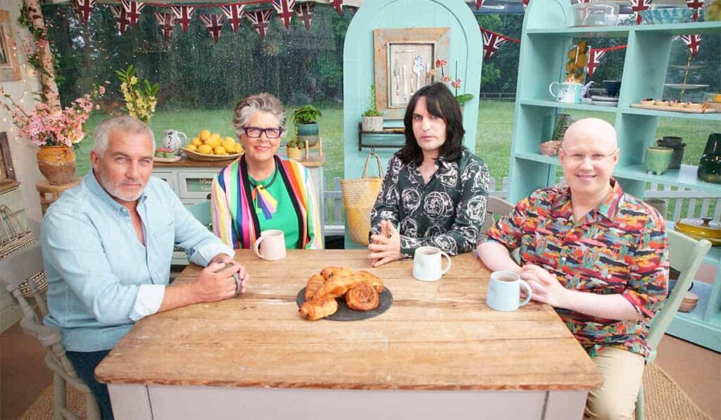 Jury van The Great British Bake Off: Paul Hollywood, Prue Leith, Noel Fielding, Matt Lucas