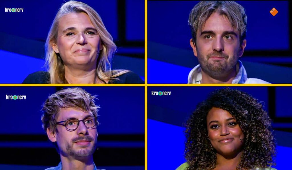 De Slimste Mens 2023 kandidaten Cindy Hoetmer, Thijs Meeberg, Thomas Brok en Quinty Misiedjan.