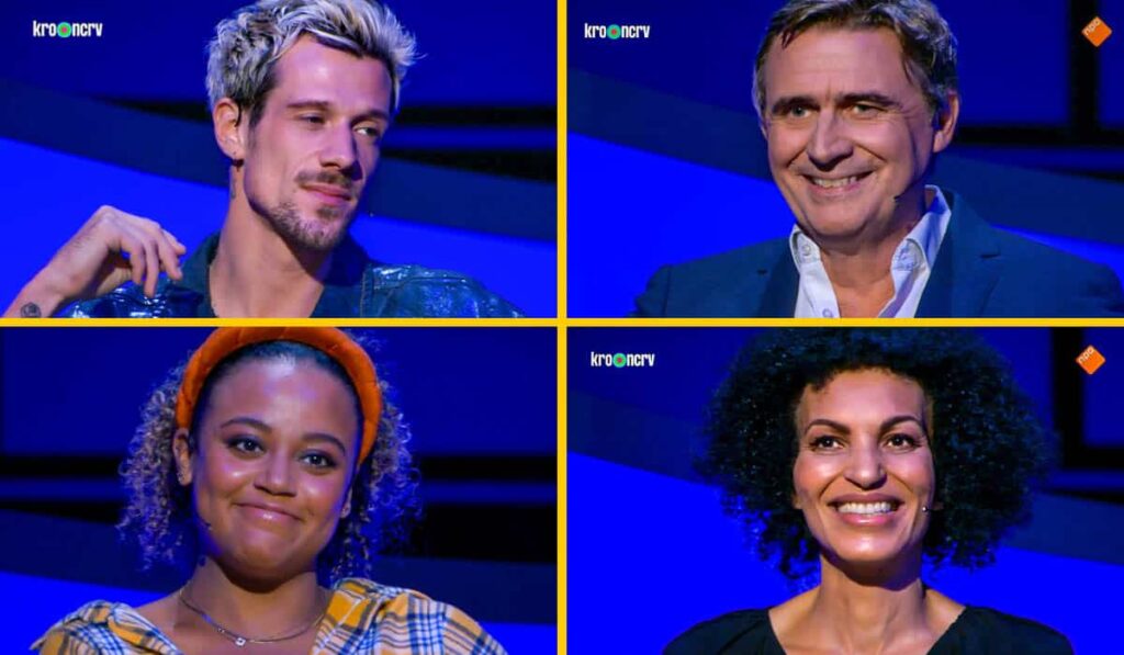 De Slimste Mens kandidaten van week 5: Camiel Meiresonne, Erik van Looy, Quinty Misiedjan en Paula Udondek. Credits: Still Tv NPO 1 / KRO-NCRV / De Slimste Mens 2023